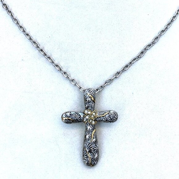 Gold Accent Design Clear Crystal Rhodium Plated Silver Cross Chain Necklace - Picture 4 of 5